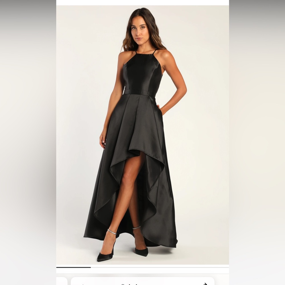 Lulu's Black Satin High-Low Halter Maxi Dress
